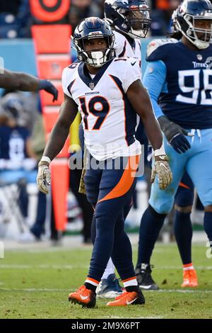 Denver Broncos running running back Chase Edmonds (19) plays against the  Tennessee Titans during the second half of an NFL football game, Sunday, Nov.  13, 2022, in Nashville, Tenn. (AP Photo/Mark Zaleski Stock Photo - Alamy