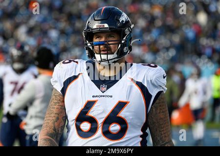 Denver Broncos guard Dalton Risner (66) on the field before the start of an  NFL football game against the Los Angeles Chargers, Sunday, January 2, 2022  in Inglewood, Calif. The Chargers defeated