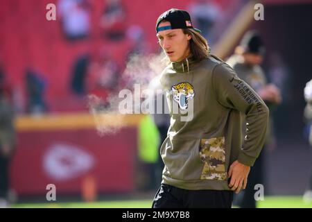 Jacksonville Jaguars quarterback Trevor Lawrence wears a Salute to Service  hoodie during pre-game warmups before an NFL football game against the  Kansas City Chiefs, Sunday, Nov. 13, 2022 in Kansas City, Mo. (