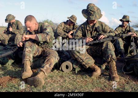 US Marine Corps (USMC) personnel with Kilo Company, 3rd Battalion, 25th Marines, clean weapons after completing bilateral field exercise in Curacao, Netherlands Antilles (ANT). Bilateral Training is an annual cooperative exchange between the USMC Reserves and the Royal Netherlands Marine Corps (RNMC). Country: Netherlands Antilles (ANT) Stock Photo