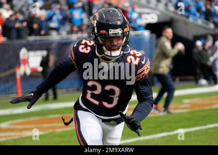 Chicago Bears cornerback Lamar Jackson (23) runs off the field after an NFL  football game against the New York Giants on Sunday, Oct. 2, 2022, in East  Rutherford, N.J. (AP Photo/Adam Hunger