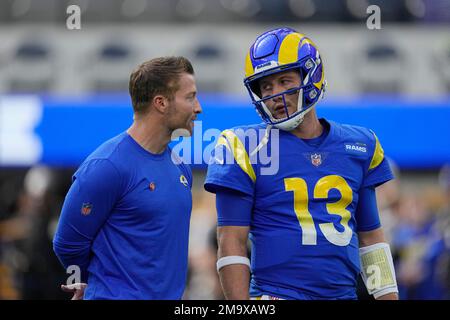 Los Angeles Rams head coach Sean McVay talks to quarterback John