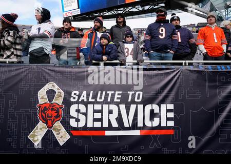 Chicago Bears fans watch during warmups under a Salute To Service