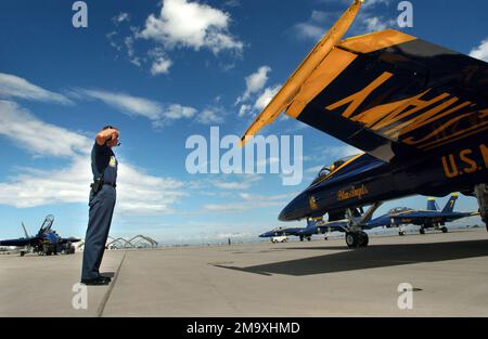 US Navy (USN) Aviation Structural Mechanic First Class (AM1) Ed Pennycook, renders a salute to the flight leader of the USN Blue Angels F/A-18C Hornet aerial demonstration team aircraft as the team taxis onto the runway for a training flight before the Air Show being held at Naval Air Facility (NAF), El Centro, California (CA). Base: Naf El Centro State: California (CA) Country: United States Of America (USA) Stock Photo