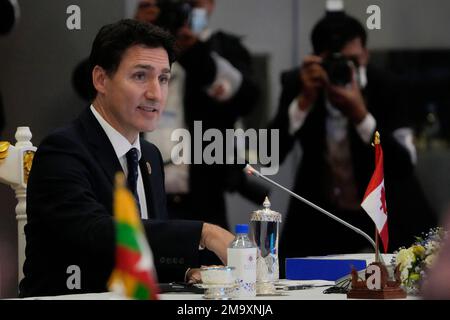 Canada's Prime Minister Justin Trudeau, speaks during the ASEAN - Canada summit in Phnom Penh, Cambodia, Saturday, Nov. 12, 2022. (AP Photo/Anupam Nath)