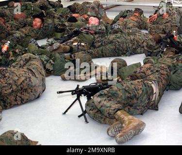US Marine Corps (USMC) Marines, 3rd Battalion (BN), 8th Marine Regiment, Camp Lejeune, North Carolina (NC), attempt to sleep while waiting at the Aerial Point of Embarkation (APOE), Marine Corps Air Station (MCAS) Cherry Point, NC, to fly to Haiti in order to establish a police force element there. Base: Mcas, Cherry Point State: North Carolina (NC) Country: United States Of America (USA) Stock Photo