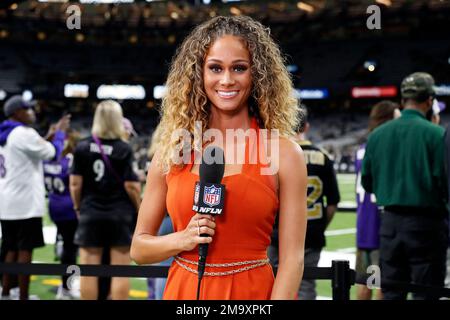 NFL Network reporter Kayla Burton, left, interviews Dallas Cowboys