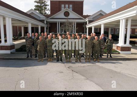 040304-M-1132B-001. [Complete] Scene Caption: The Special Operations Command (SOCOM) War Fighter Conference held at the Officer's Club aboard Marine Corps Base (MCB) Camp Lejeune, North Carolina (NC). All branches of service are represented and the participants from left to right on the front row are; US Marine Corps (USMC) Lieutenant General (LGEN) Martin R. Berndt, USMC LGEN Edward Hanlon, Jr., US Army (USA) General (GEN) Bryan D. Brown, USMC GEN Michael W. Hagee, USMC LGEN Dennis M. McCarthy, USMC LGEN Wallace C. Gregson, USMC LGEN Michael A. Hough. Second Row: US Navy (USN) Rear Admiral (L Stock Photo