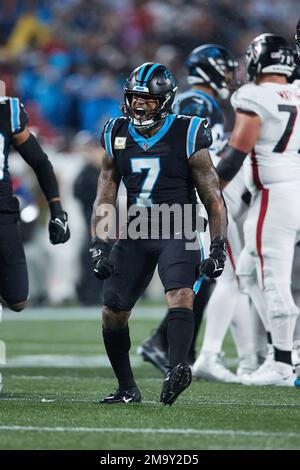 Carolina Panthers linebacker Shaq Thompson (7) reacts after making a play  on defense during an NFL football game against the Atlanta Falcons,  Thursday, Nov. 10 2022, in Charlotte, N.C. (AP Photo/Brian Westerholt