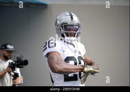 Las Vegas Raiders cornerback Rock Ya-Sin (26) leaves the field against the  Indianapolis Colts during the first half of an NFL football game, Sunday,  Nov 13, 2022, in Las Vegas. (AP Photo/Rick