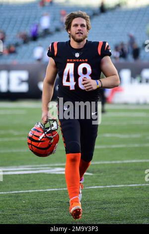 Cincinnati Bengals long snapper Cal Adomitis (48) walks towar the field  before an NFL football game against the New York Jets Sunday, Sept. 25,  2022, in East Rutherford, N.J. (AP Photo/Adam Hunger