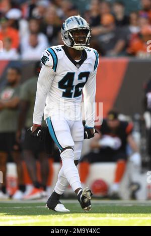 Carolina Panthers safety Sam Franklin (42) during an NFL football game  against the New York Jets, Sunday, Sep. 12, 2021, in Charlotte, N.C. (AP  Photo/Brian Westerholt Stock Photo - Alamy