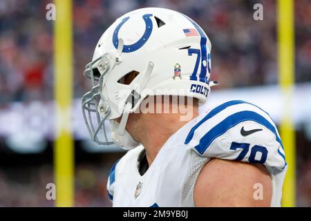 Indianapolis Colts offensive tackle Bernhard Raimann (79) and Houston  Texans defensive end Troy Hairston (34) share a moment after the NFL  football game between the Indianapolis Colts and the Houston Texans on