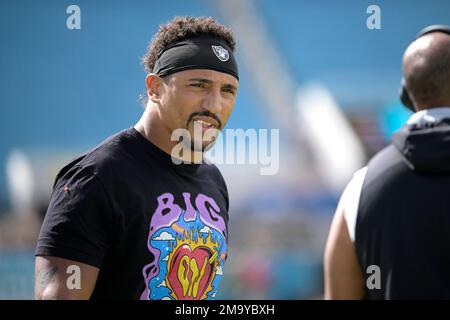 Las Vegas Raiders fullback Jakob Johnson (45) heads to the field before an  NFL football game against the Jacksonville Jaguars, Sunday, Nov. 6, 2022,  in Jacksonville, Fla. (AP Photo/Phelan M. Ebenhack Stock