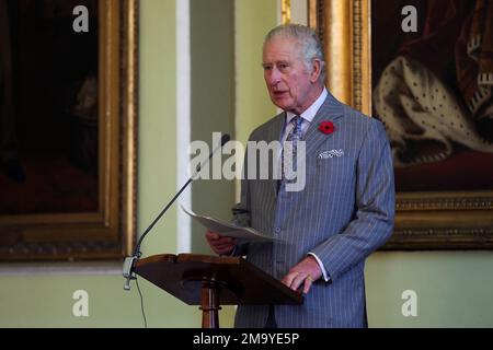 Britain's King Charles III speaks during his visit to the Mansion House in Doncaster, England, Wednesday, Nov. 9, 2022. (Molly Darlington/Pool Photo via AP)