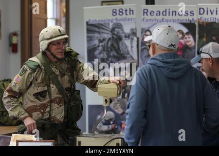 Ward Zischke, 88th Readiness Division historian, points to the U.S ...