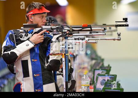 Staff Sgt. Patrick Sunderman, a Farmington, Minnesota native who is a competitive shooter/marksmanship instructor with the U.S. Army Marksmanship Unit International Rifle Team, competes at International Shooting Sports Federation Grand Prix in Granada, Spain May 18-30, 2022. Sunderman was part of the U.S. team that won a Silver Medal in the Men’s 50m Smallbore Team Match. (ISSF photo) Stock Photo