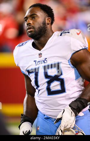 Tennessee Titans offensive tackle Nicholas Petit-Frere (78) looks to make a  block during an NFL football game against the Buffalo Bills, Monday, Sept.  19, 2022, in Orchard Park, N.Y. (AP Photo/Kirk Irwin