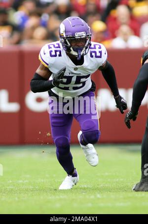 Minnesota Vikings safety Theo Jackson (25) runs during an NFL football game  against the Washington Commanders, Sunday, November 06, 2022 in Landover.  (AP Photo/Daniel Kucin Jr Stock Photo - Alamy