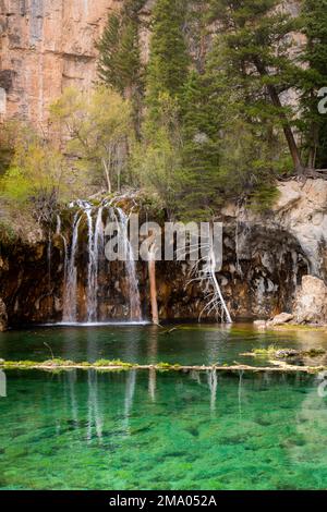 The one and only famous Hanging Lake in Glenwood Canyon is tucked away but a favorite tourist destination, for obvious reasons.  Requires a  mile hike Stock Photo