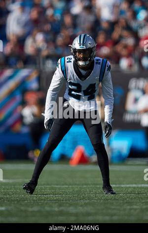 C.J. Henderson Carolina Panthers Game-Used #15 Black Jersey vs. Atlanta  Falcons on December 12 2021