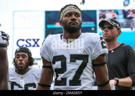 Las Vegas Raiders cornerback Sam Webb (27) leaves the field at halftime of  an NFL football game against the Jacksonville Jaguars on Sunday, Nov. 6,  2022, in Jacksonville, Fla. (AP Photo/Gary McCullough