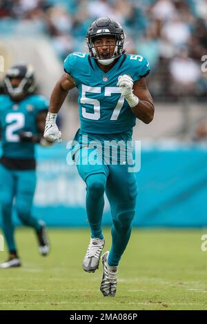 Jacksonville Jaguars linebacker Caleb Johnson (57) leaves the field after  an NFL pre-season football game against the Miami Dolphins, Saturday, Aug.  26, 2023, in Jacksonville, Fla. The Jaguars defeated the Dolphins 31-18. (