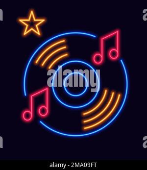 Vinyl plate and music neon logo for nightclub. Isolated disco lifestyle of city. Glowing board with tunes melodies and star. Bright banner. Label or s Stock Vector