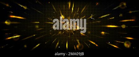 Sparks in motion with blur and bokeh, speed light effect. Flare with golden lines perspective view. Overlay zoom, fire pace, flame, burst abstract hig Stock Vector