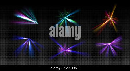Bright light beams, laser rays, neon glow effect. Abstract flares, color flashes of disco ball, party lights with rays isolated on transparent backgro Stock Vector