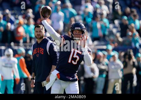 Chicago Bears quarterback Trevor Siemian (15) stands on the field during  the first half of an NFL football game against the Minnesota Vikings,  Sunday, Oct. 9, 2022, in Minneapolis. (AP Photo/Abbie Parr