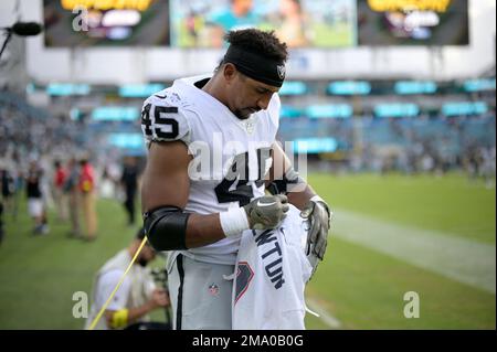 Las Vegas Raiders fullback Jakob Johnson (45) leaves the field against the  Indianapolis Colts during the