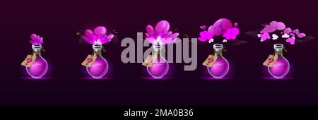 Potion bottle with puff cloud animation set isolated on background. Vector cartoon illustration of glass flasks with magic purple elixir, explosion or Stock Vector