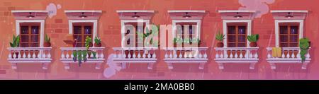 Old apartment house facade, flower pots in classic window frames, cracks and damages on red brick wall, vintage outdoor lamps. Urban architecture rain Stock Vector