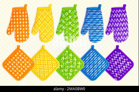 Kitchen mittens and potholders, fabric holders for cooking. Template of textile oven mitts and gloves with zigzag, striped and checkered pattern, vector realistic illustration Stock Vector