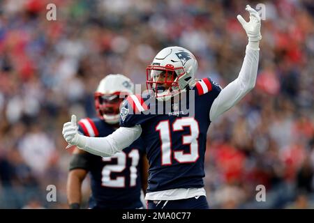 New England Patriots cornerback Jack Jones (13) drops back in coverage  during an NFL football game against the Cleveland Browns, Sunday, Oct. 16,  2022, in Cleveland. (AP Photo/Kirk Irwin Stock Photo - Alamy