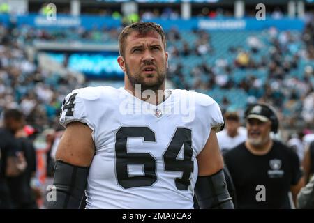 Las Vegas Raiders guard Alex Bars (64) leaves the field after a