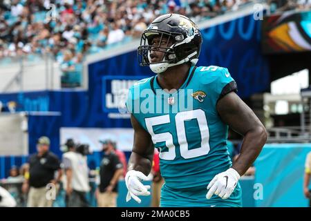 Jacksonville Jaguars linebacker Shaquille Quarterman (50) covers a kickoff  during an NFL football game against the Houston Texans on Sunday, Oct. 9,  2022, in Jacksonville, Fla. (AP Photo/Gary McCullough Stock Photo - Alamy