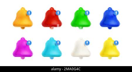 3d render notification bells, colorful unread message on phone or computer application. Alert notice, spam, chat box, online conversation isolated ico Stock Vector