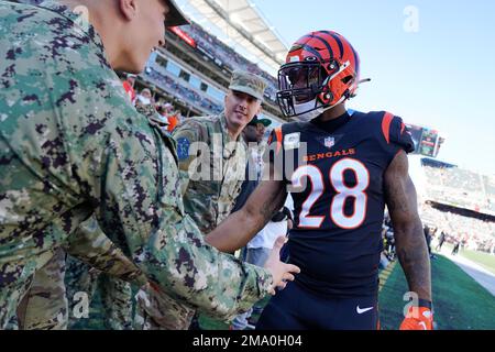 Cincinnati Bengals running back Joe Mixon (28) greets military