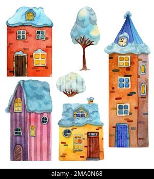 Cute winter medieval house, trees, snowman. Watercolor illustration in cartoon style of old European houses in snow. Design for backgrounds, posters, Stock Photo