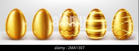 Golden eggs realistic vector set illustration. Shining Easter eggs from gold metal decorated with elegant pattern, festive gift with shadow isolated on white background Stock Vector