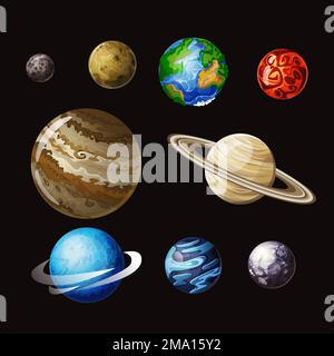 Solar system cartoon vector set. Planets of solar system isolated on black background, illustration for school education or space exploration Stock Vector