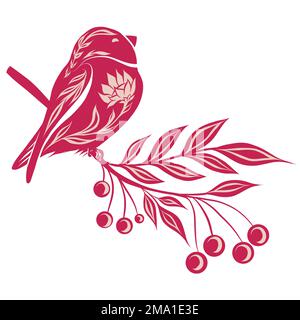Vectir decorative illustration with birds and rowan berries on branches in magenta color. Tracery clip art with bullfinches on the branch. Folk art Stock Vector