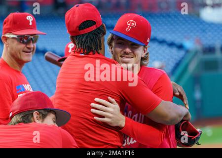 Philadelphia Phillies' Bryson Stott is doused by teammates after hitting a  walkoff three-run home run during the ninth inning of a baseball game off  Los Angeles Angels' Jimmy Herget, Sunday, June 5