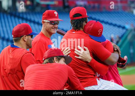 Philadelphia Phillies' Bryson Stott is doused by teammates after hitting a  walkoff three-run home run during the ninth inning of a baseball game off  Los Angeles Angels' Jimmy Herget, Sunday, June 5