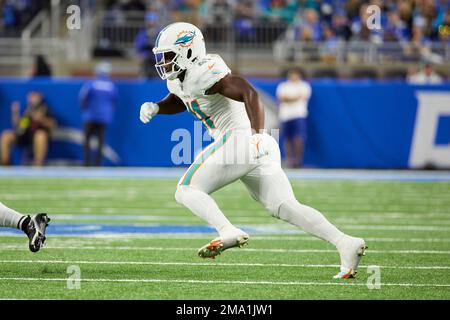 Miami Dolphins linebacker Channing Tindall (41) pursues a play on defense  against the Detroit Lions during an NFL football game, Sunday, Oct. 30,  2022, in Detroit. (AP Photo/Rick Osentoski Stock Photo - Alamy