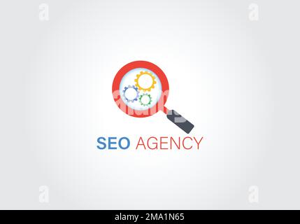SEO multi color logo with magnifying glass and gears Stock Vector