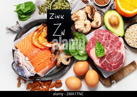 Foods High in Zinc for lowers cholesterol; reproduce health, boosts immune system. Healthy diet concept. Top view. Stock Photo