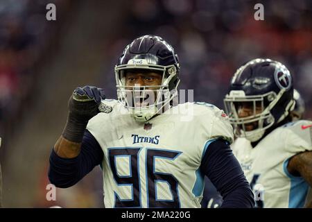 Tennessee Titans defensive end Denico Autry (96) stands on the sideline  during an NFL football game against the Buffalo Bills, Monday, Sept. 19,  2022, in Orchard Park, N.Y. (AP Photo/Kirk Irwin Stock